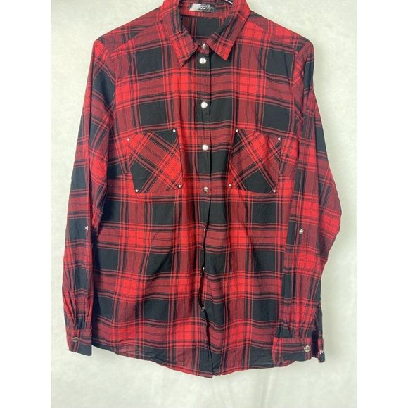 BPC WOMENS PLAID  PATTERN RED AND BLACK BUTTON BUTTON SHIRT SIZE XL EUR 44 - Picture 1 of 8